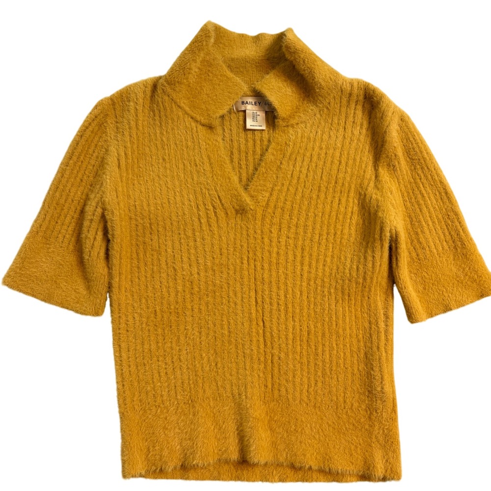 Bailey 44 Mustard Yellow Fuzzy Ribbed Split Neck Short Sleeve Sweater Womens M